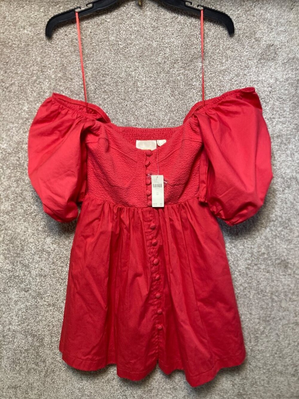 Anthropologie Maeve Puff-Sleeve Sweetheart Mini Dress With Button Front & Smocke